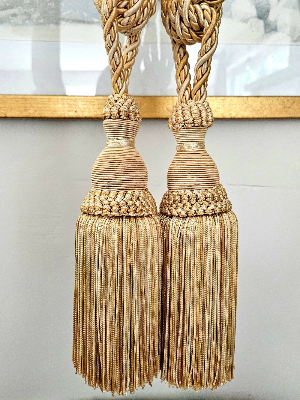 Vintage Gold Braided Rope Curtain Tiebacks Pair Large Tassel Drapery Holdbacks